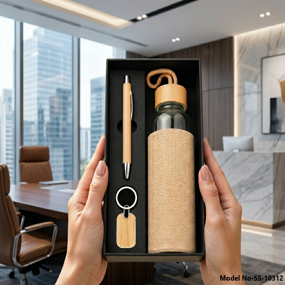 3-In-1 Eco-Friendly Bamboo Gift Set: Glass Bottle With Jute Sleeve, Bamboo Pen & Keychain (Ss-10312) - Battery Capacity: Not Applicable Milliampere-Hour (Mah)