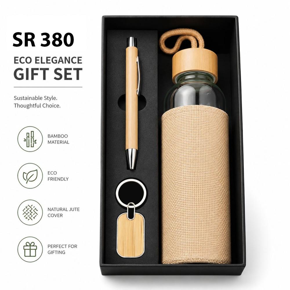3-in-1 Eco-Friendly Bamboo Gift Set: Glass Bottle with Jute Sleeve, Bamboo Pen & Keychain (SS-10312)