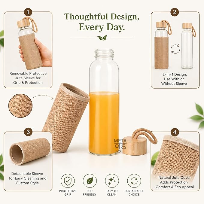 3-in-1 Eco-Friendly Bamboo Gift Set: Glass Bottle with Jute Sleeve, Bamboo Pen & Keychain (SS-10312)
