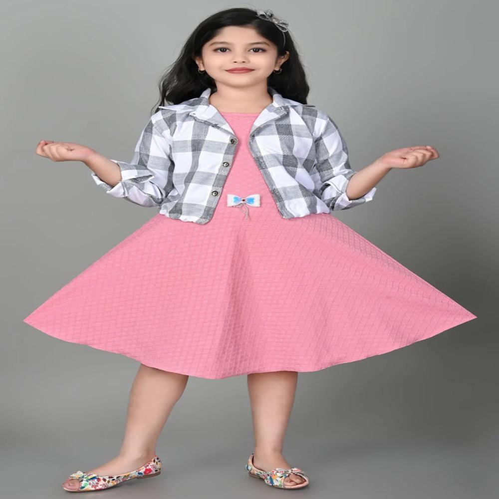 Pink Cotton Blend Round Neck A-Line Dress For Baby Girls