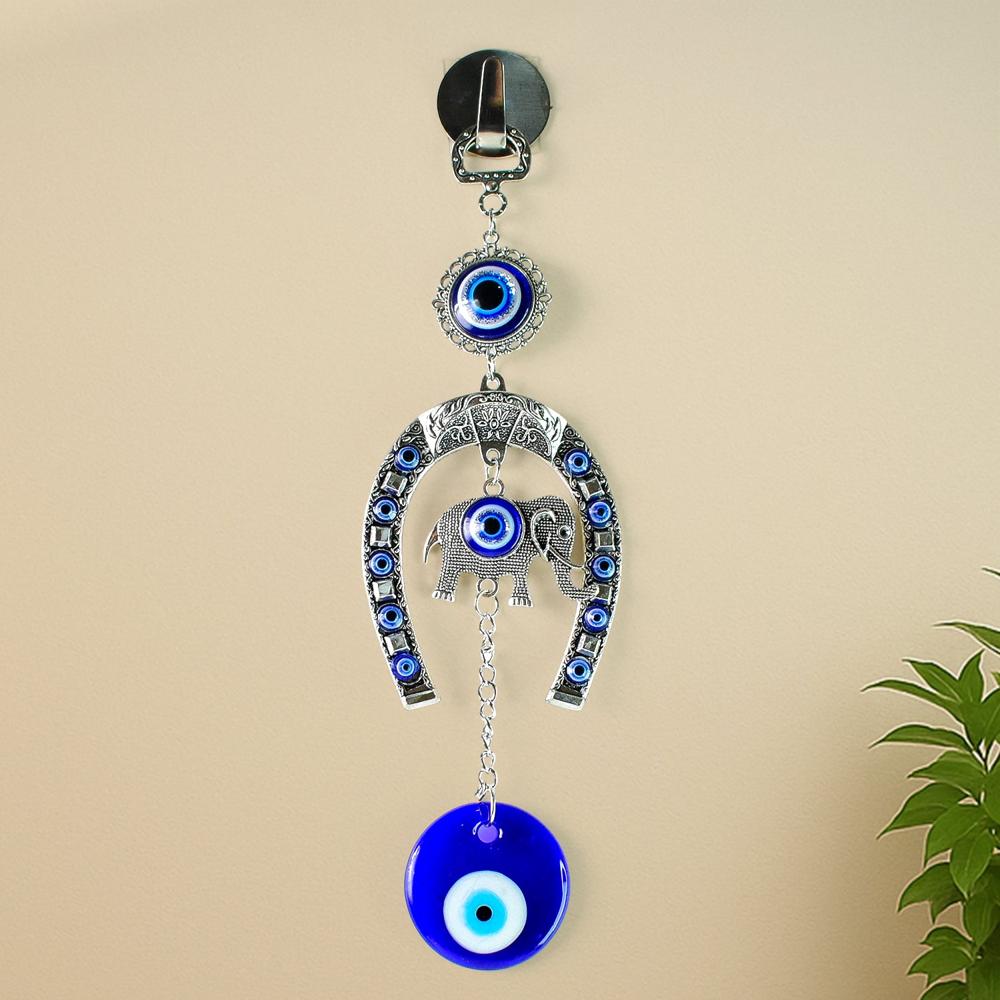Decorative Evil Eye Hanging With Elephant And Horseshoe Motif, Wind Chime (1 Pc) - Color: Mix