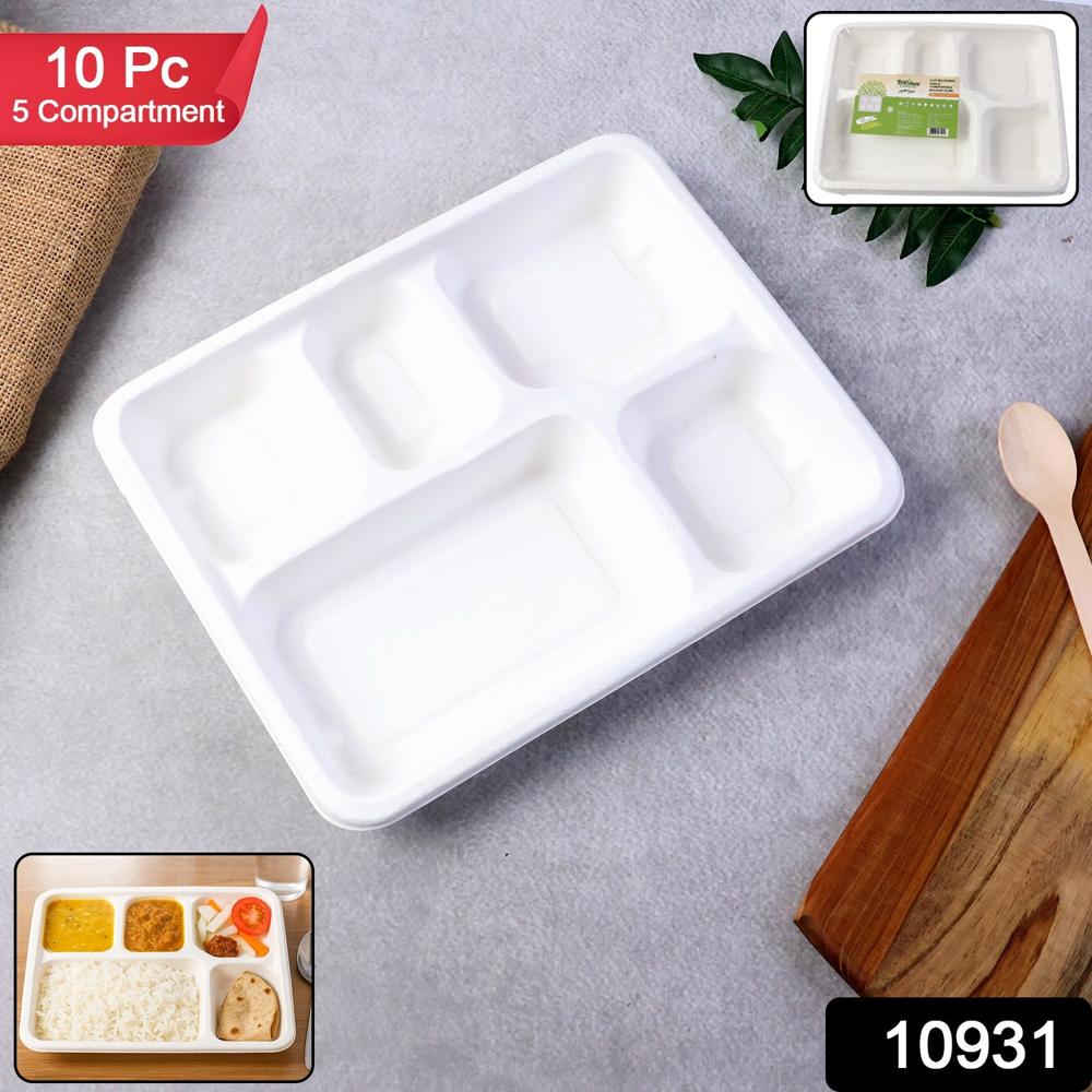 5-Compartment Rectangle Lunch Compostable Bagasse Plate  10 Pcs Pack