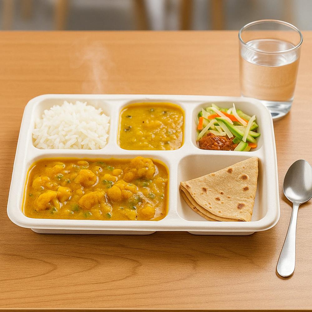 5-Compartment Rectangle Lunch Compostable Bagasse Plate  10 Pcs Pack