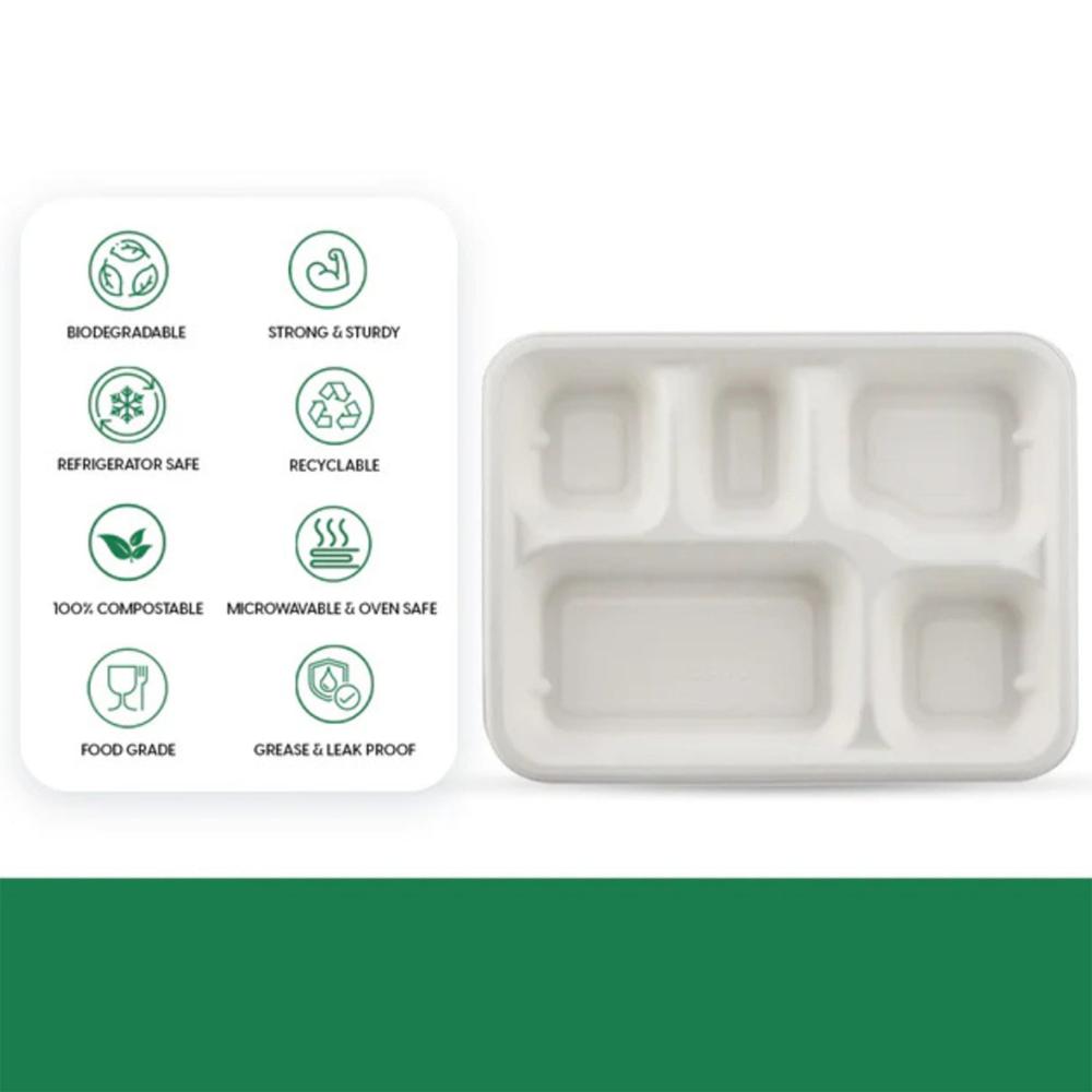 5-Compartment Rectangle Lunch Compostable Bagasse Plate  10 Pcs Pack