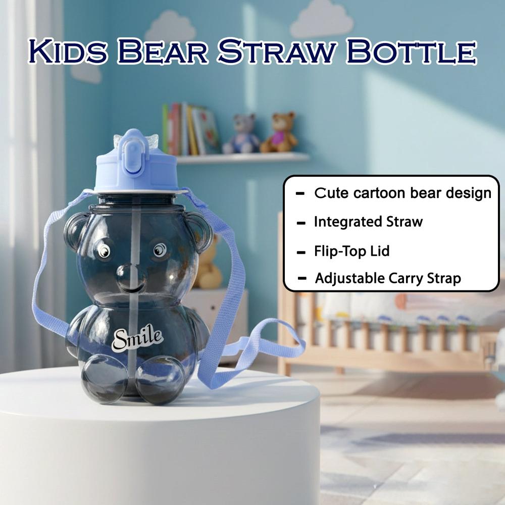 Kids Cartoon Bear Water Bottle With Straw & Shoulder Strap (1 Pc) - Color: Mix