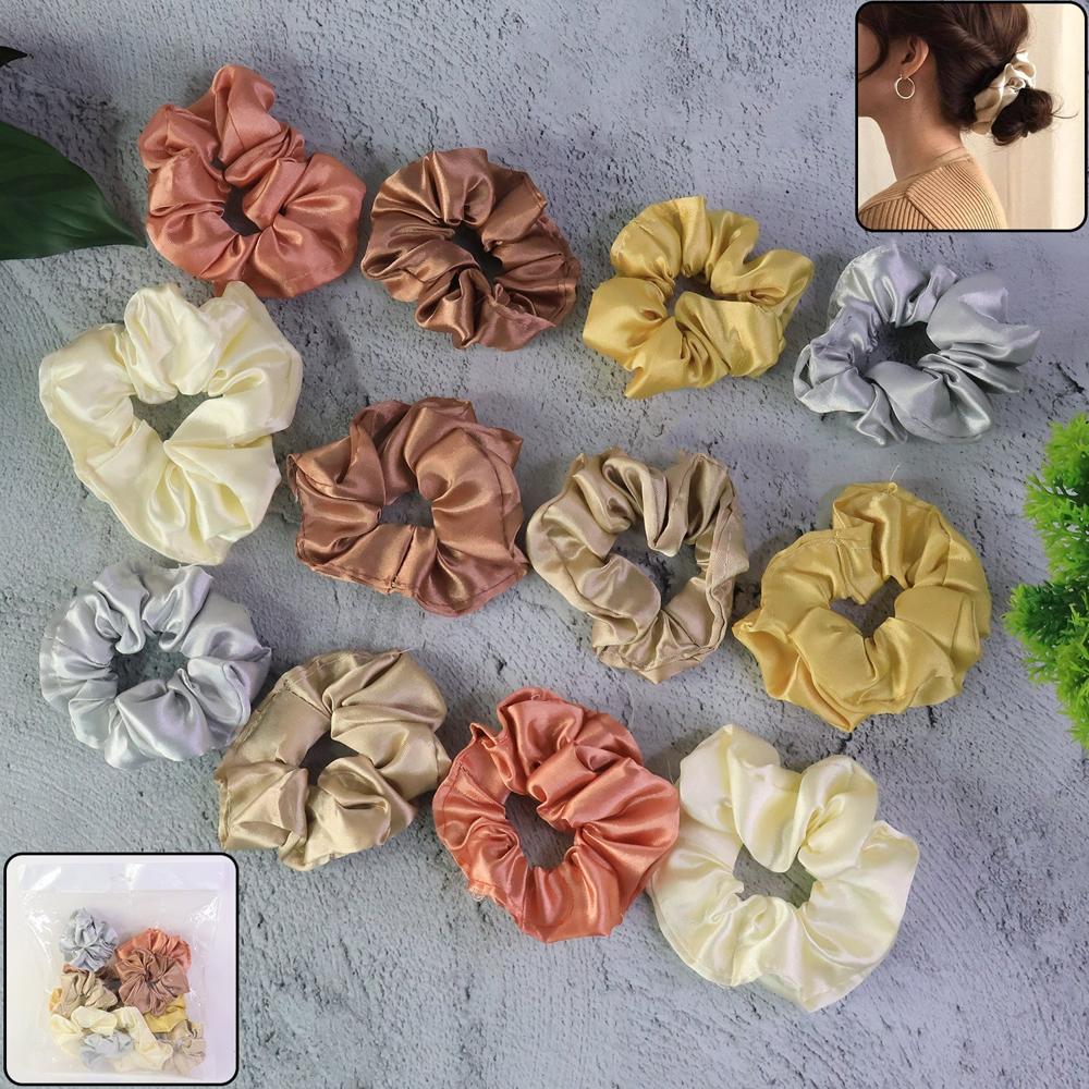 Premium Satin Hair Scrunchies / Elastic Hair Ties For Women & Girls (12 Pc) - Color: Mix