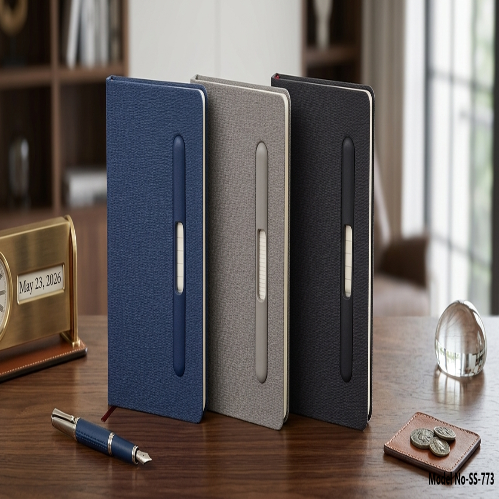 Premium A5 Fabric Textured Executive Notebook With Integrated Pen Slot (Ss-773) - Color: Grey / Black / Navy Blue