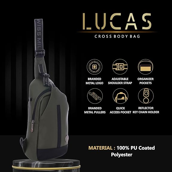 Swiss Military Black Gold Collection Lucas Crossbody Sling Bag with PU-Coated Polyester, Adjustable Strap, Organiser Pockets