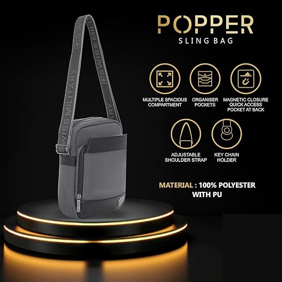 SWISS MILITARY Black Gold Collection Popper Sling Bag, Stylish Crossbody Bag with Adjustable Strap, Organizer Compartments, PU Trim, Magnetic