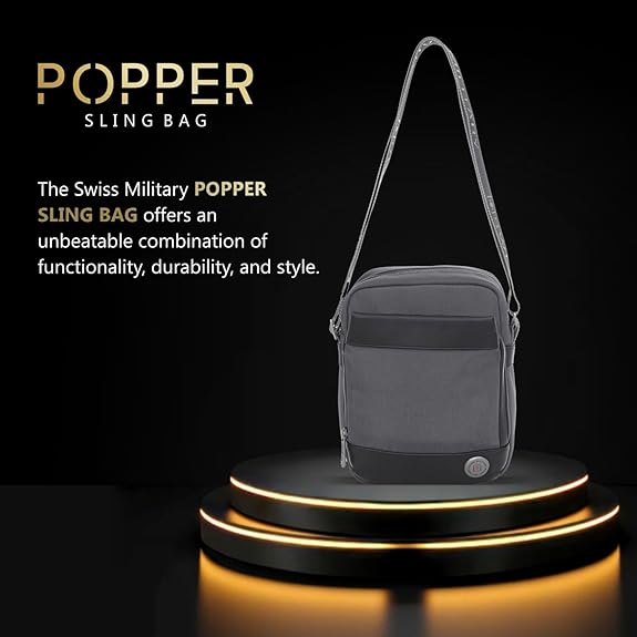 SWISS MILITARY Black Gold Collection Popper Sling Bag, Stylish Crossbody Bag with Adjustable Strap, Organizer Compartments, PU Trim, Magnetic