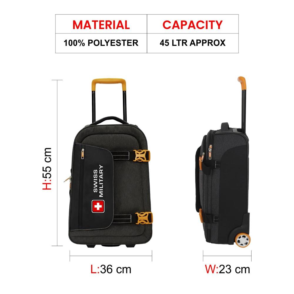 SWISS MILITARY Honey 45L Charcoal Grey Soft Cabin Luggage Trolley Bag, Unique Design, Silent Glide 2-Wheel System, Quick Access Pockets ST1022