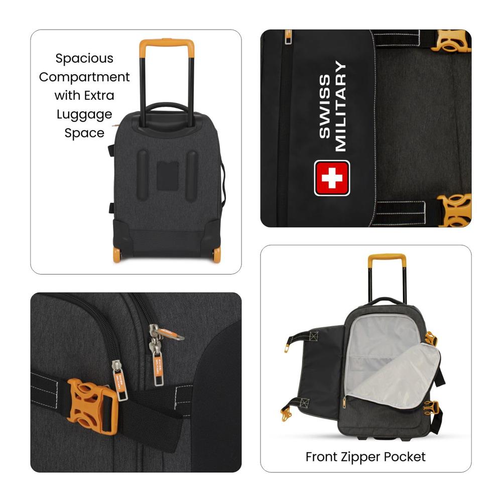 SWISS MILITARY Honey 45L Charcoal Grey Soft Cabin Luggage Trolley Bag, Unique Design, Silent Glide 2-Wheel System, Quick Access Pockets ST1022