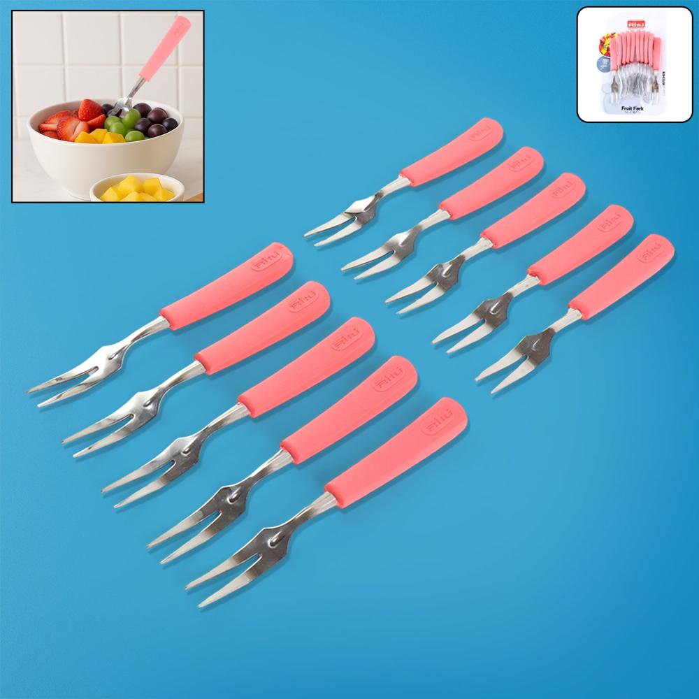 Premium Stainless Steel Fruit Fork Set 10 Pieces With Soft Non-Slip Handle - Color: Mix