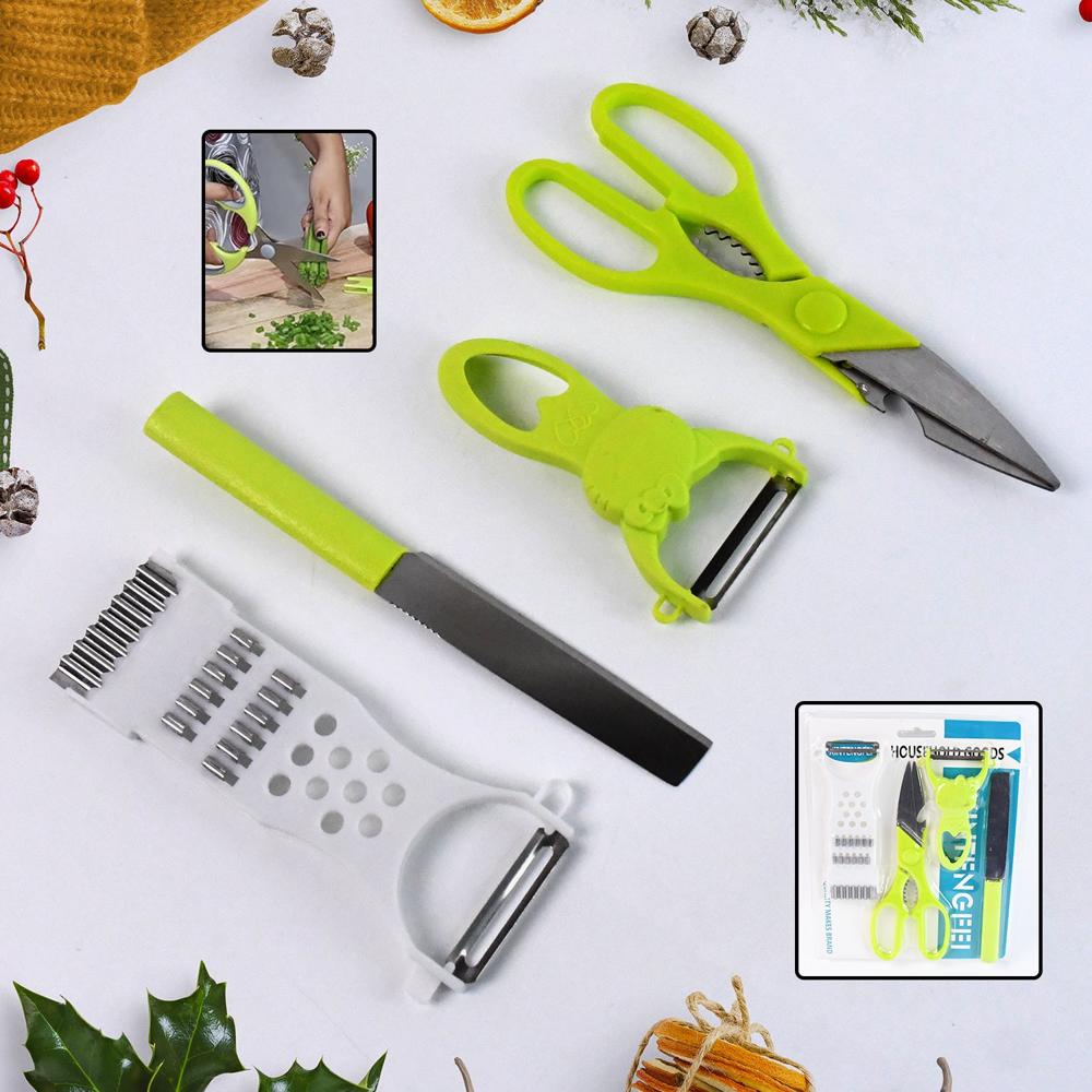 4-Piece Kitchen Cutting Set: Scissors, Peeler, Grater / Slicer, And Knife - Color: Mix