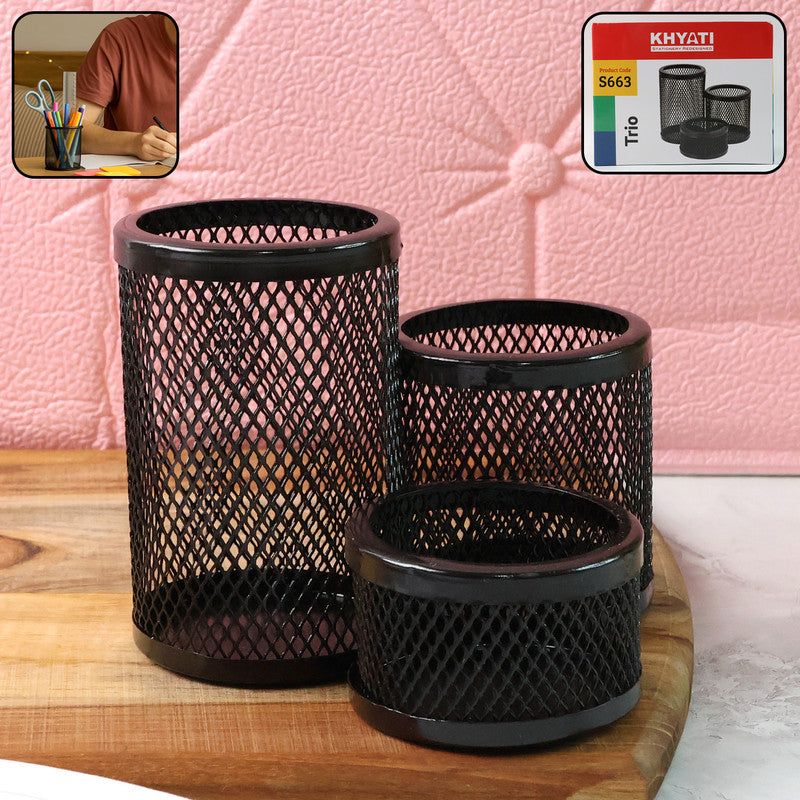 Khyati Trio Metal Mesh Pen Stand  3-In-1 Round Desk Organizer Set - Color: Mix
