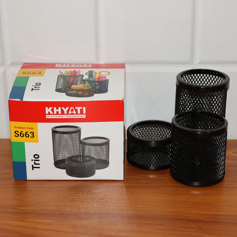 Khyati Trio Metal Mesh Pen Stand  3-in-1 Round Desk Organizer Set