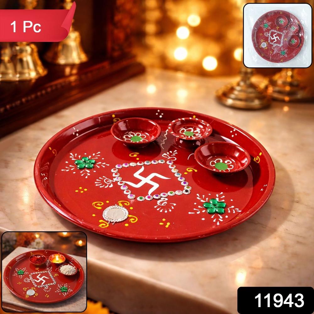 Hand-Painted Decorative Pooja Thali With Ganesha Motif And Diyas - Color: Mix