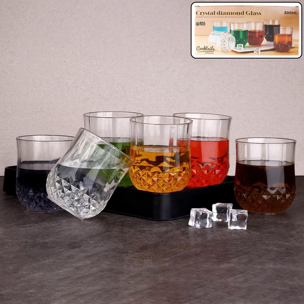 Transparent Diamond-pattern Drinking Glass Set (6 Pc Set) - Color: Mix
