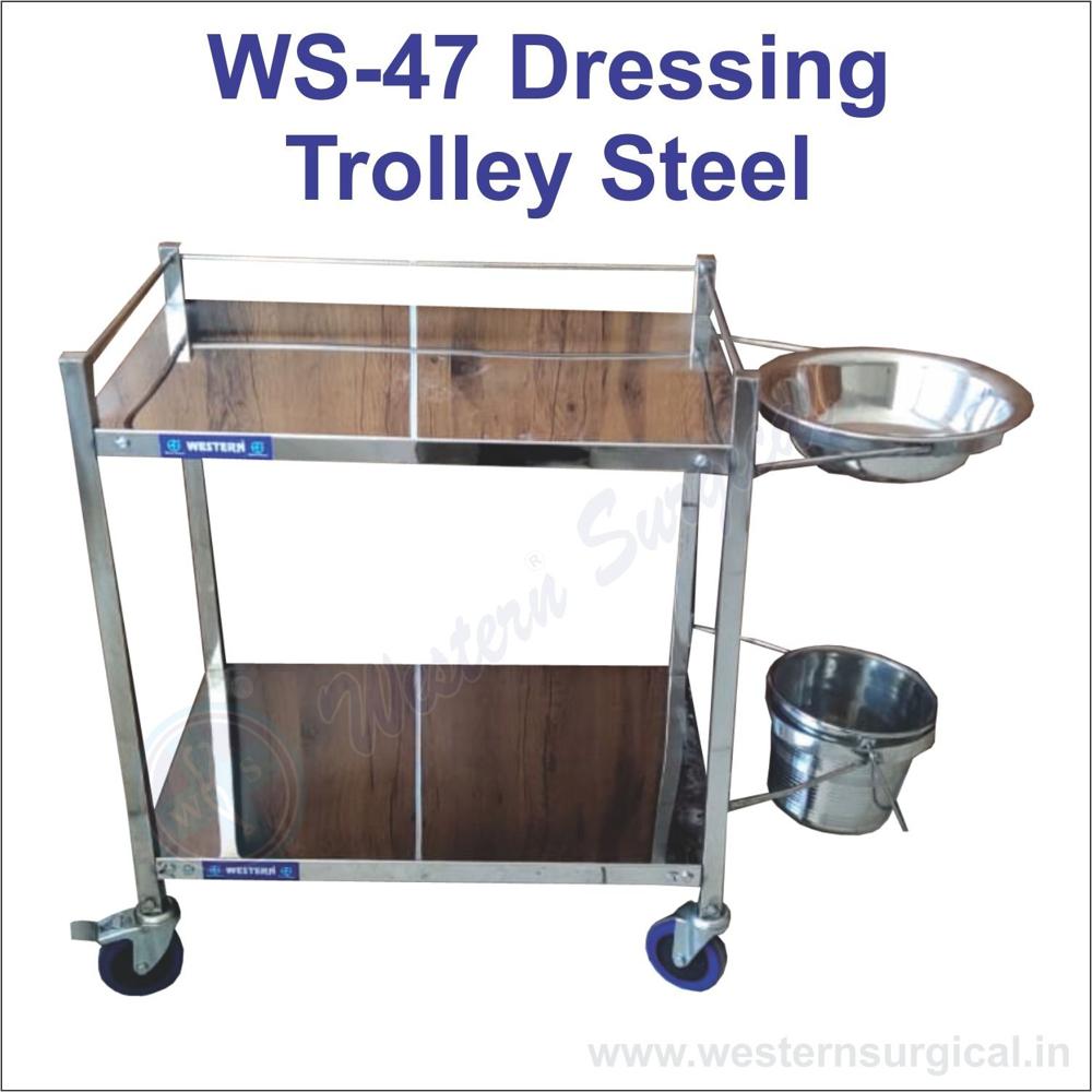 Dressing Trolley - Stainless Steel, 30"x20"x30" Dimensions | Epoxy Powder Coated, Revolving 100mm Castors, Two Trays With Side Rails