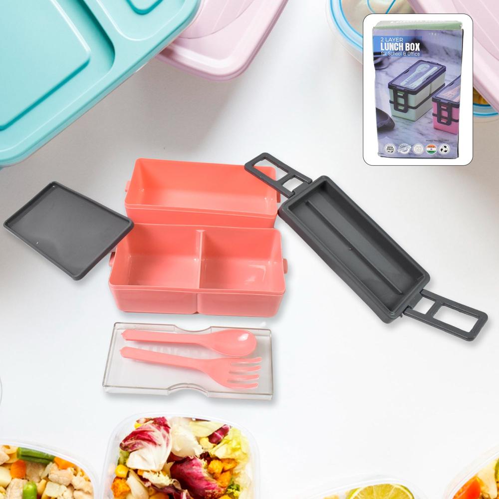 Plastic 2 Layer Leak Proof 3 Compartment Lunch Box for Office (1 Pc)