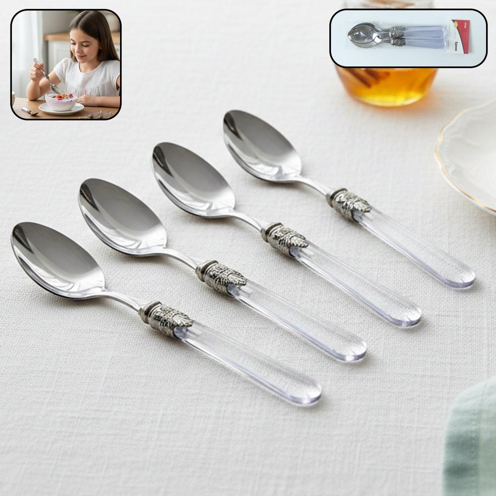 Premium Stainless Steel Dessert Spoon With Plastic Handle Set (4 Pc Set) - Color: Mix