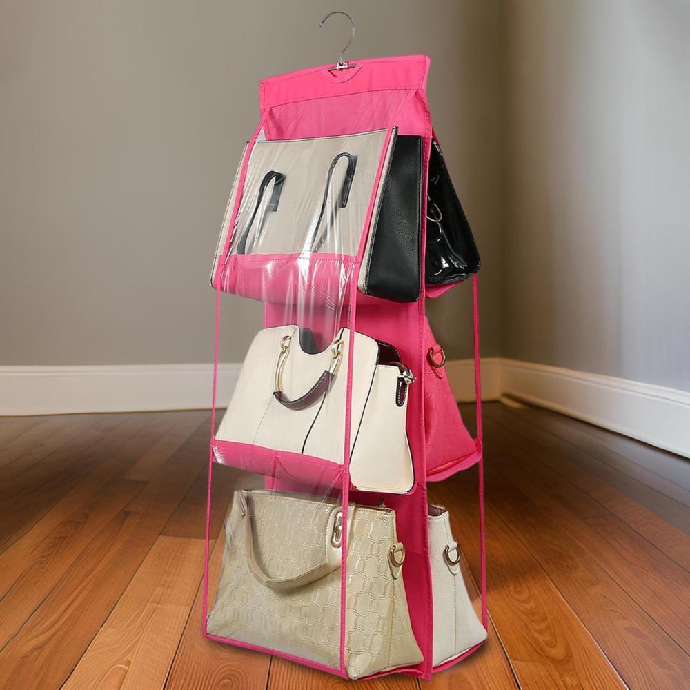 6 Pockets Hanging Purse Handbag Organizer Clear Hanging Shelf Bag (1 Pc) - Color: Mix