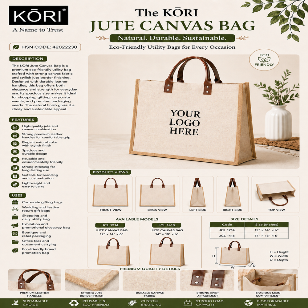 Kori Jute Canvas Bag 14" X 12" X 6" Natural With Leather Handle(Jcl1412) - Capacity: 20 Ltr