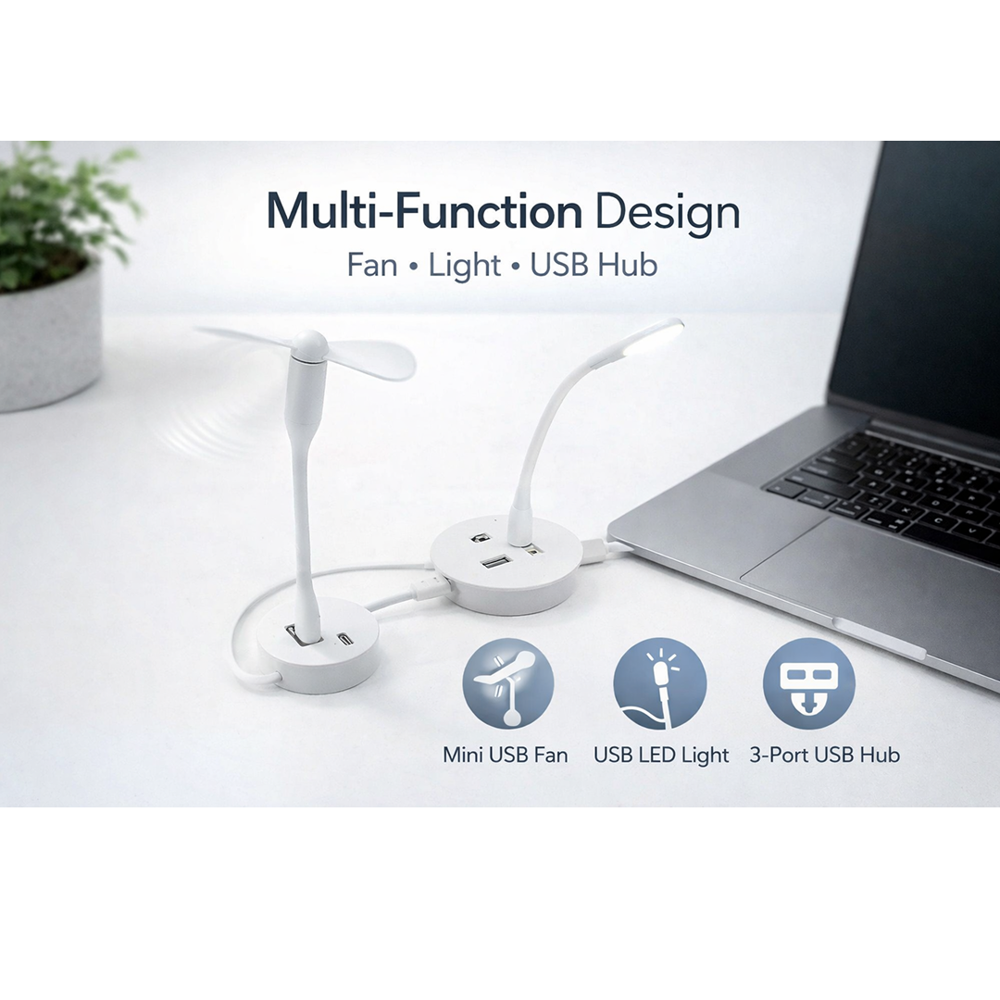 Portable Mini USB Fan, USB Light & Micro USB Cable (3 Pcs Set)