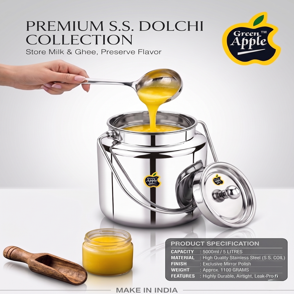 Premium 5 Litre Stainless Steel Akhand Barni / Milk Dochi | Heavy Duty 5000ML Oil Can by Green Apple | Wholesale & Export