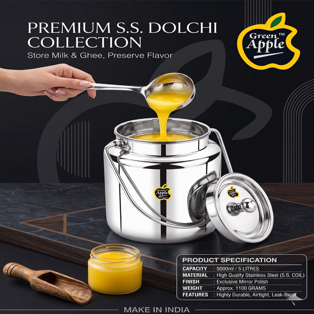 Premium 5 Litre Stainless Steel Akhand Barni / Milk Dochi | Heavy Duty 5000ML Oil Can by Green Apple | Wholesale & Export