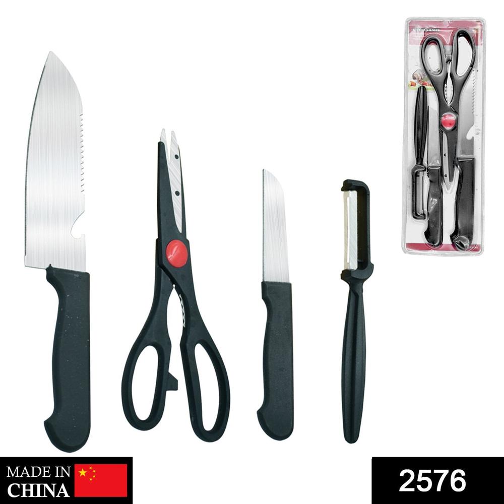 Stainless Kitchen Tool Set Butcher Knife, Standard Knife, Peeler & Scissor (4 Pcs)