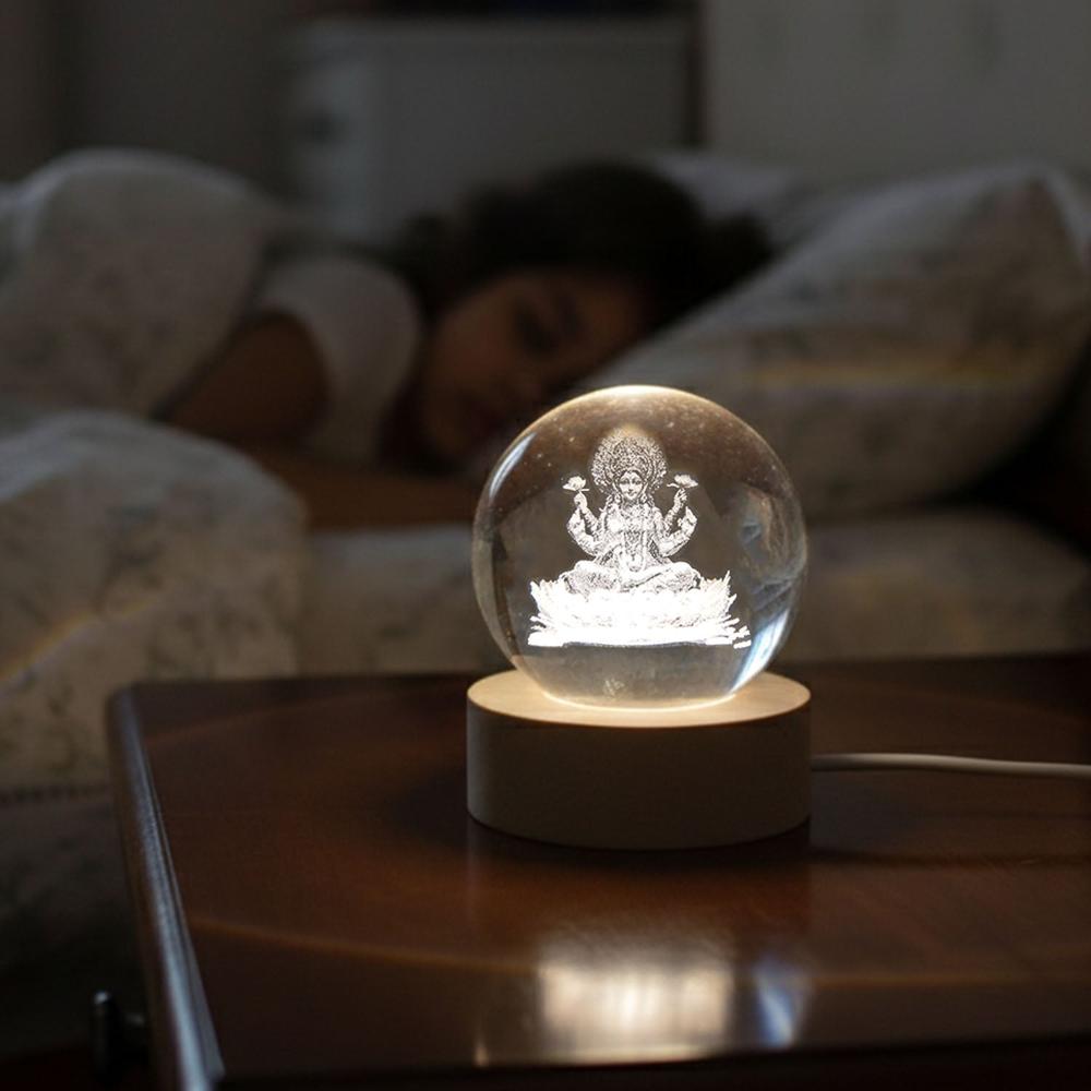 3D Crystal Lakshmi Ball Led Night Lamp With Wooden Base - Color: Mix