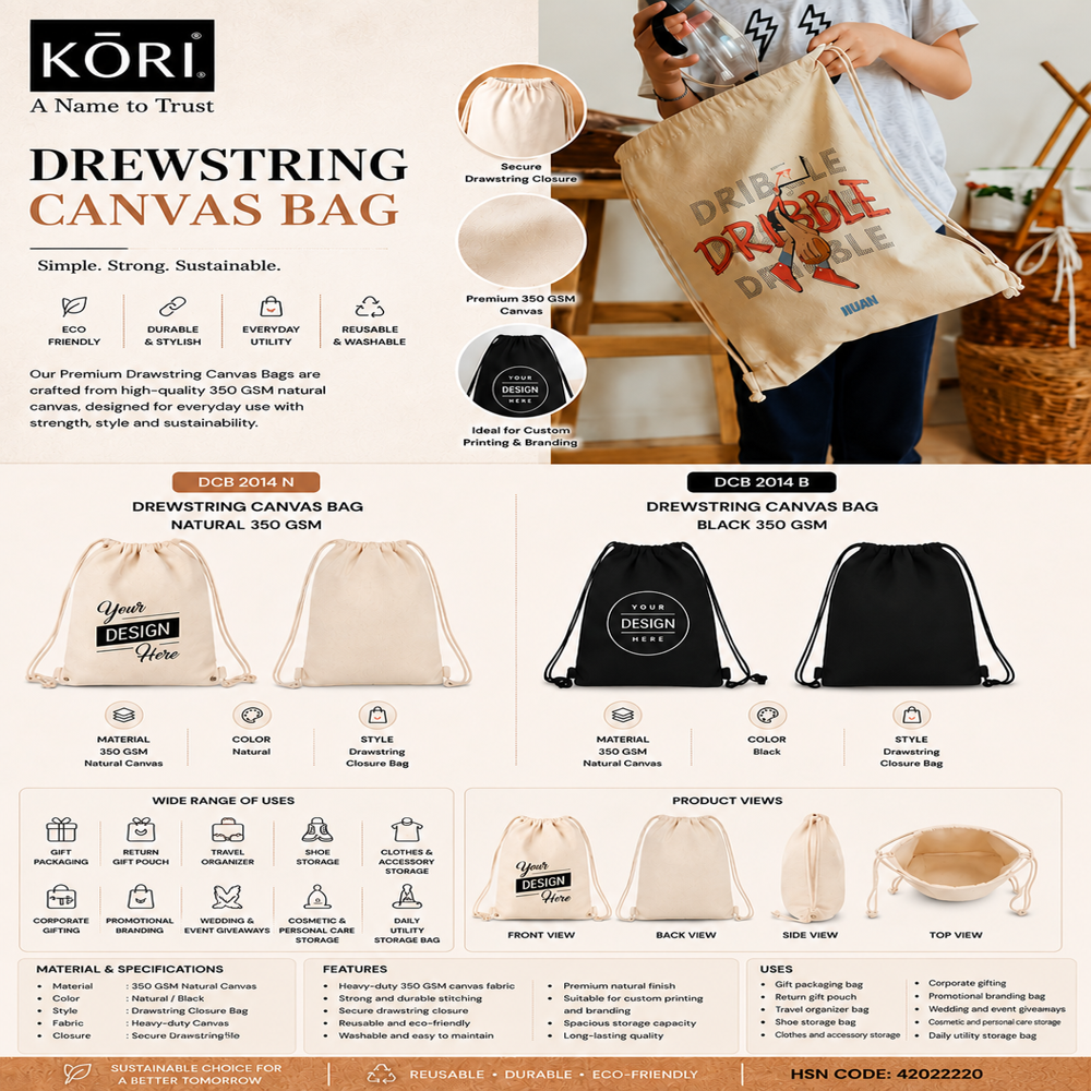 Kori Drewstring Canvas Bag Black 350 Gsm(dcb 2014 B) - Capacity: 12 Ltr