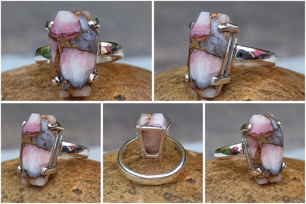 Natural Pink Opal Copper Turquoise Coffin Ring