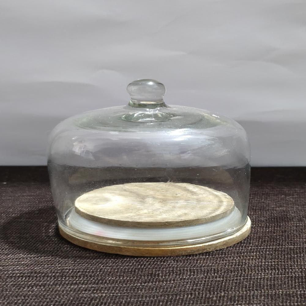 Glass Dome With Wooden Base - Transparent Durable Glass, Polished Finish, Round Shape, Indian Regional Style | Elegant Display Solution For Home Decor