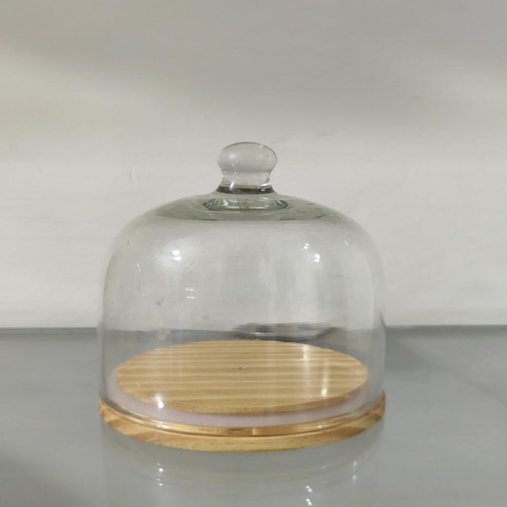 Glass Dome With Wooden Base - Transparent Durable Glass, Polished Finish, Round Shape, Indian Regional Style | Elegant Display Solution For Home Decor