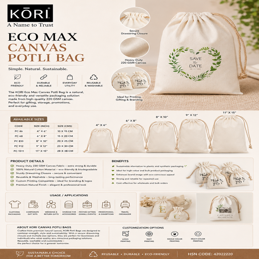 Kori Canvas Potli  Bag 6" X 8"  Natural 220 Gsm Pc22 - Capacity: 1.5 Ltr