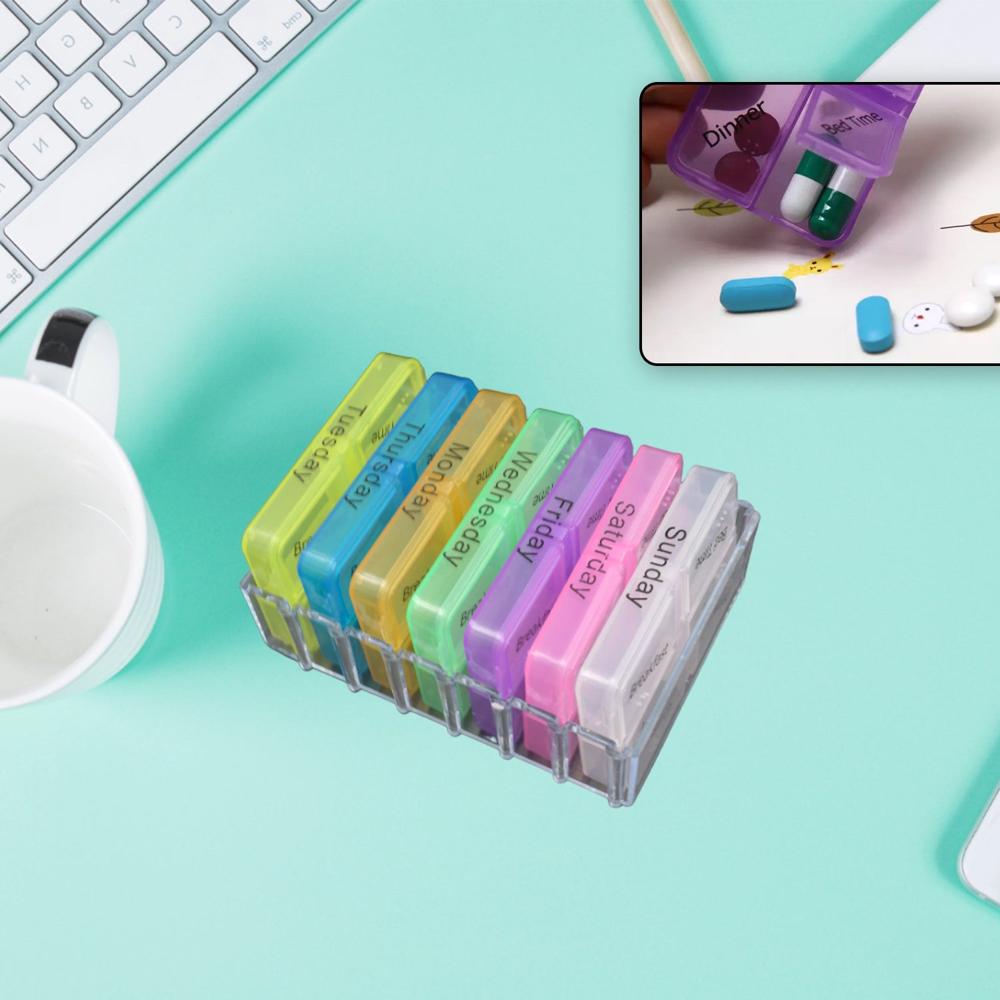 7 Days 4 Times Transparent Medicine Box 28 Grid Portable Large Capacity Travel, Medication Organizer Dispenser Boxes Large Compartments Moisture-Proof Pill Case Medication Reminder Travel - Color: Mix