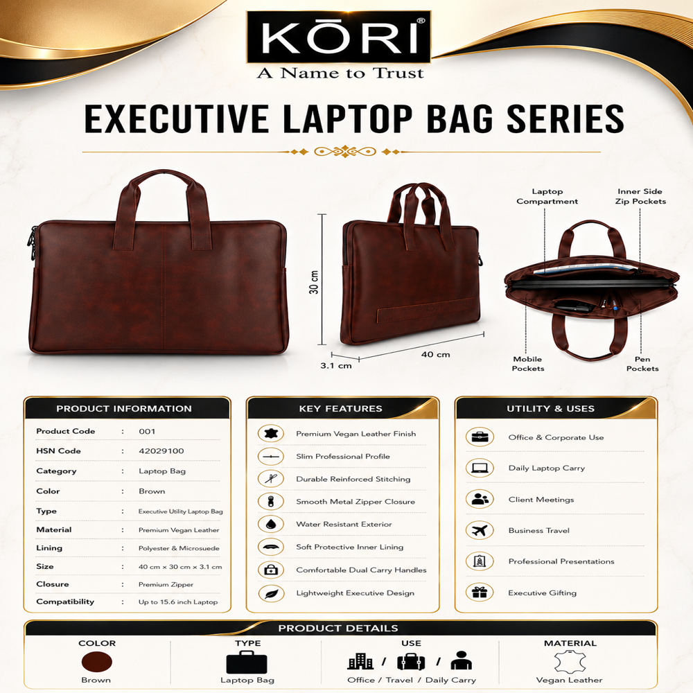 KORI Executive Slim Vegan Leather Laptop Bag(001)