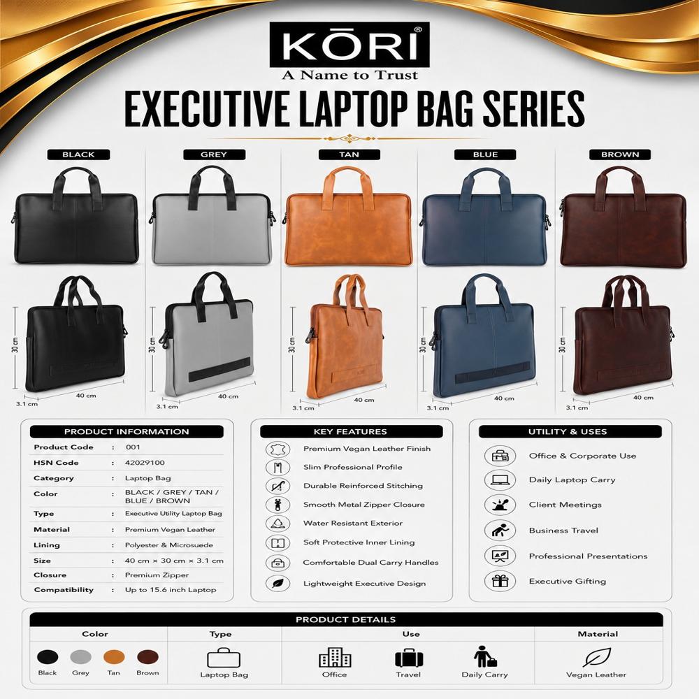 KORI Executive Slim Vegan Leather Laptop Bag(001)