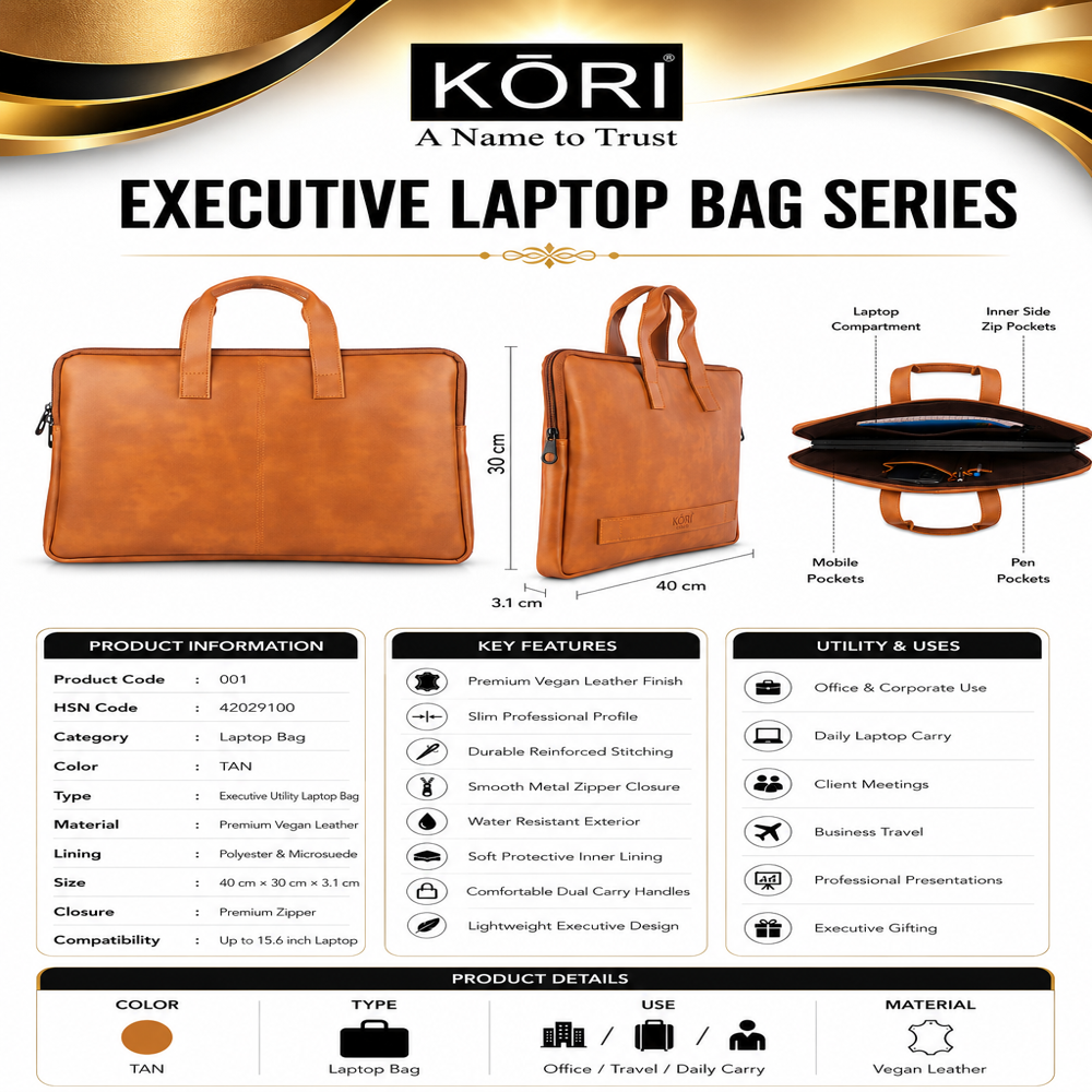 KORI Executive Slim Vegan Leather Laptop Bag(001)