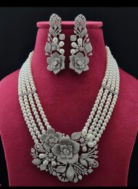 Ad Pearl Gorgeous Mala Pendant Set - Alloy Synthetic Pearls, Adjustable 18-22 Inch, Rose Gold Plated | Handcrafted Floral Motif, American Diamond, Drop Earrings, Nickel & Lead Free