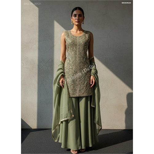 Heavy Zari And Sequin Embroidered Georgette Straight Suit with Flared Palazzo