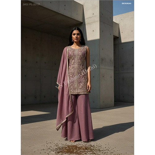 Heavy Zari And Sequin Embroidered Georgette Straight Suit with Flared Palazzo