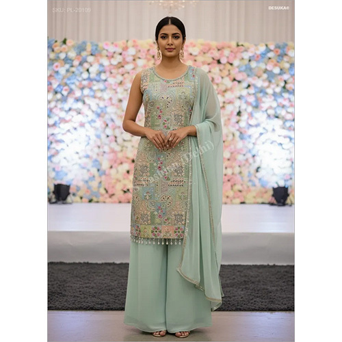 Premium Georgette Straight-cut Palazzo Suit With Heavy Resham And Sequin Tile Embroidery