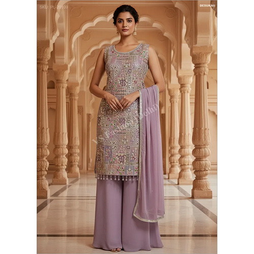 Premium Georgette Straight-cut Palazzo Suit With Heavy Resham And Sequin Tile Embroidery