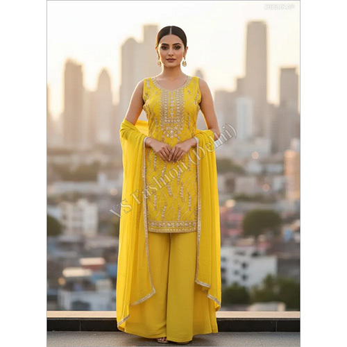 Premium Star Georgette Palazzo Set with Exquisite Wave Sequin Embroidery and Floral Yoke Detailing