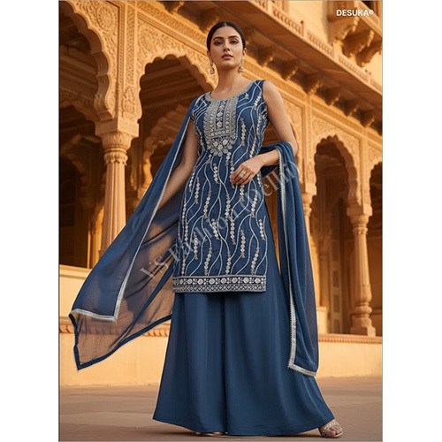Premium Star Georgette Palazzo Set with Exquisite Wave Sequin Embroidery and Floral Yoke Detailing