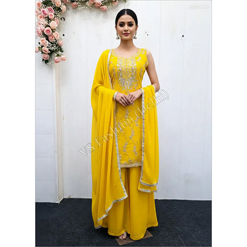 Royal Star Georgette Palazzo Suit With Intricate Zari Jaal And Sequin Embellishments