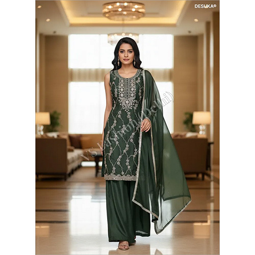 Royal Star Georgette Palazzo Suit With Intricate Zari Jaal And Sequin Embellishments